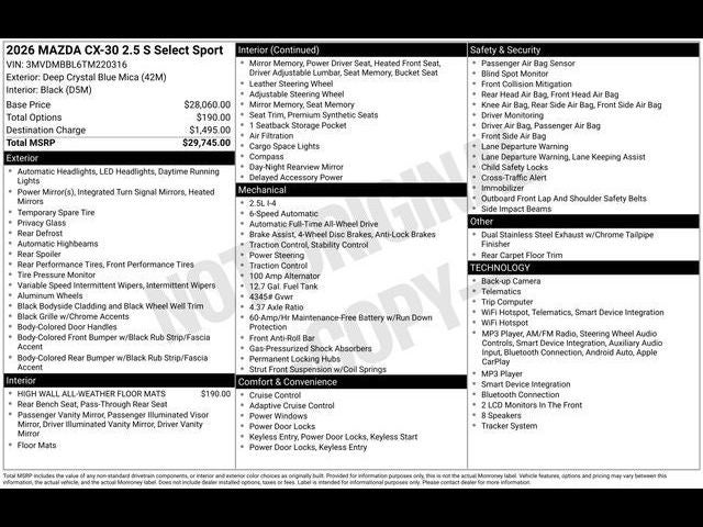 2026 Mazda Mazda CX-30 2.5 S Select Sport AWD