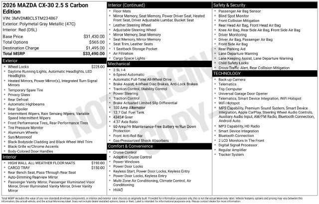 2026 Mazda Mazda CX-30 2.5 S Carbon Edition AWD