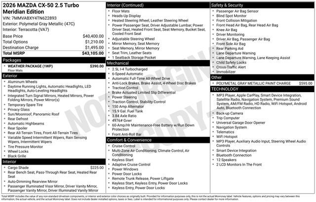 2026 Mazda Mazda CX-50 2.5 Turbo Meridian Edition AWD
