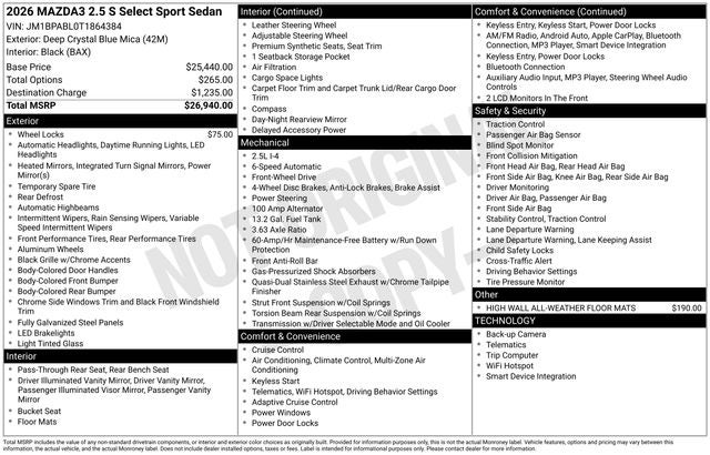 2026 Mazda Mazda3 Sedan 2.5 S Select Sport