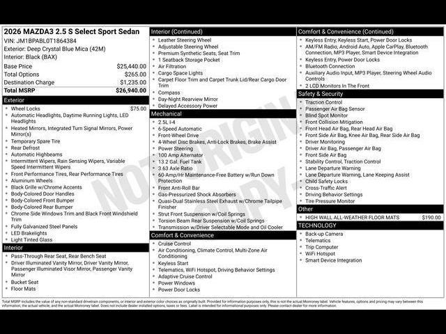 2026 Mazda Mazda3 Sedan 2.5 S Select Sport