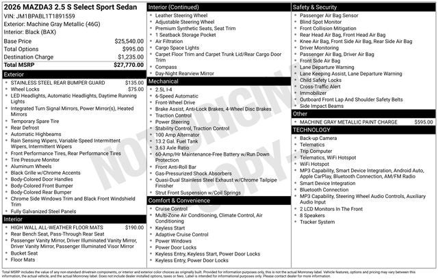 2026 Mazda Mazda3 Sedan 2.5 S Select Sport