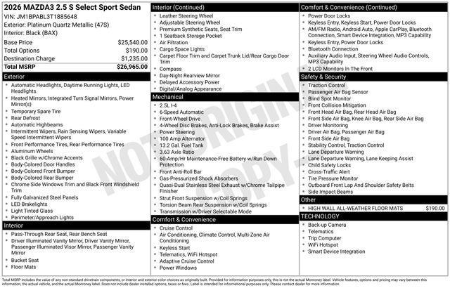 2026 Mazda Mazda3 Sedan 2.5 S Select Sport