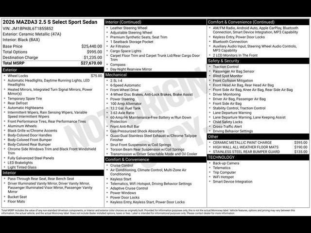 2026 Mazda Mazda3 Sedan 2.5 S Select Sport