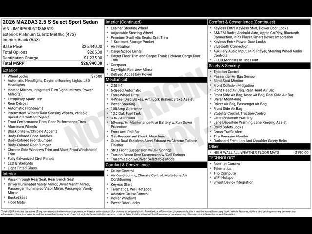 2026 Mazda Mazda3 Sedan 2.5 S Select Sport