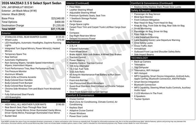 2026 Mazda Mazda3 Sedan 2.5 S Select Sport