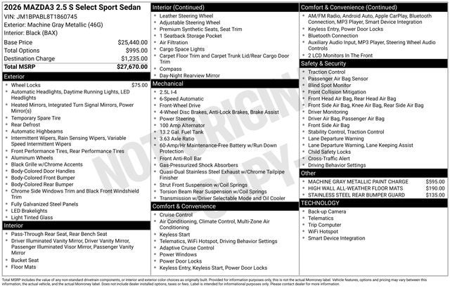 2026 Mazda Mazda3 Select Sport