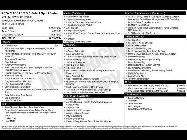 2026 Mazda Mazda3 Sedan 2.5 S Select Sport