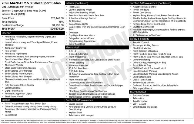 2026 Mazda Mazda3 Sedan 2.5 S Select Sport