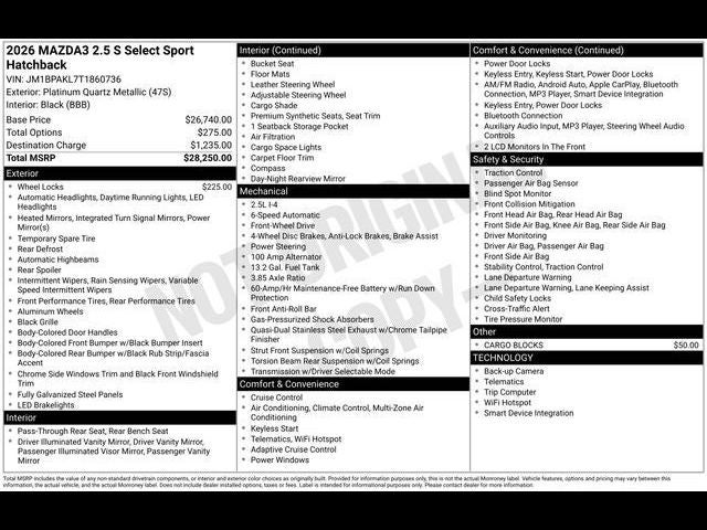 2026 Mazda Mazda3 Hatchback 2.5 S Select Sport