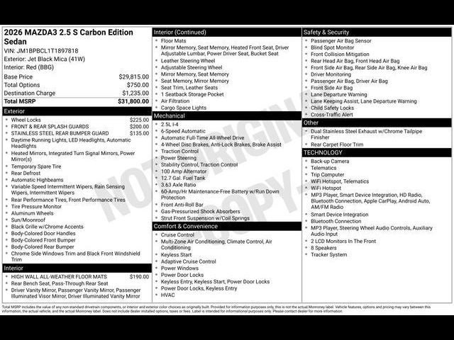 2026 Mazda Mazda3 Sedan 2.5 S Carbon Edition AWD