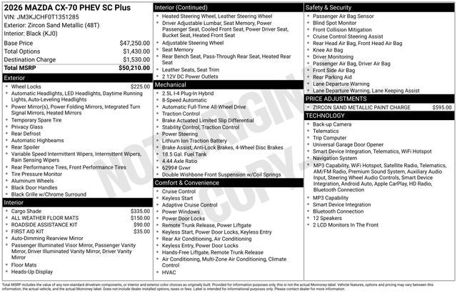 2026 Mazda Mazda CX-70 Plug-In Hybrid SC Plus AWD