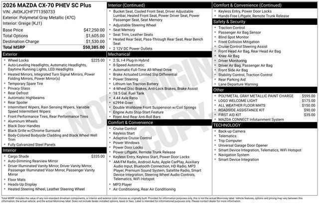 2026 Mazda Mazda CX-70 Plug-In Hybrid SC Plus AWD